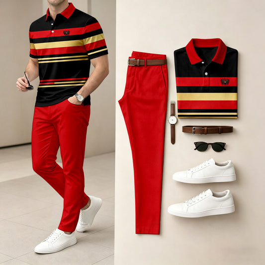 Men's Casual Blue & Red Stripes Sporty Printed Polo Shirt And Pants Two-Piece Set