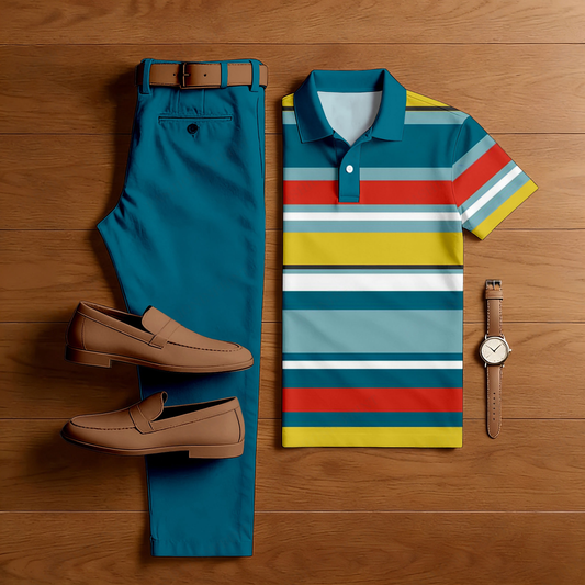 Men's Casual Peacock Blue & Multi Color Matching Striped Printed Short Sleeved Polo Shirt & Trousers Two-Piece Set