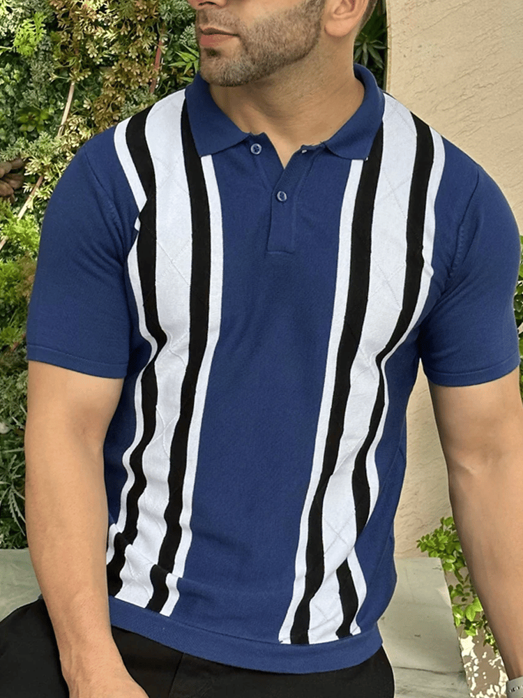 Men's Business Stripe Button Short Sleeve Polo Shirt
