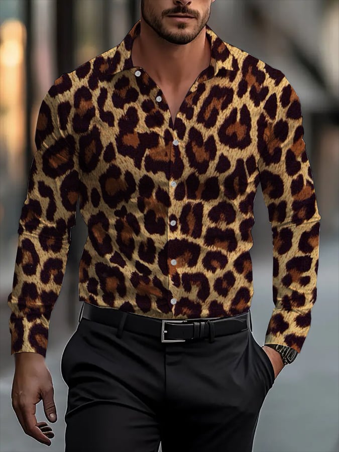 Men's Classic Business Leopard Print Long Sleeve Shirt