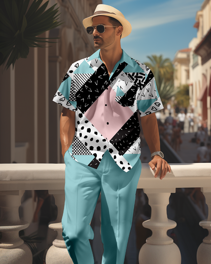 Men's retro colorblock short-sleeved shirt walking Suit 1701