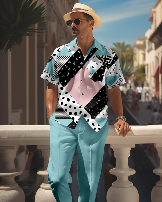 Men's retro colorblock short-sleeved shirt walking Suit 1701