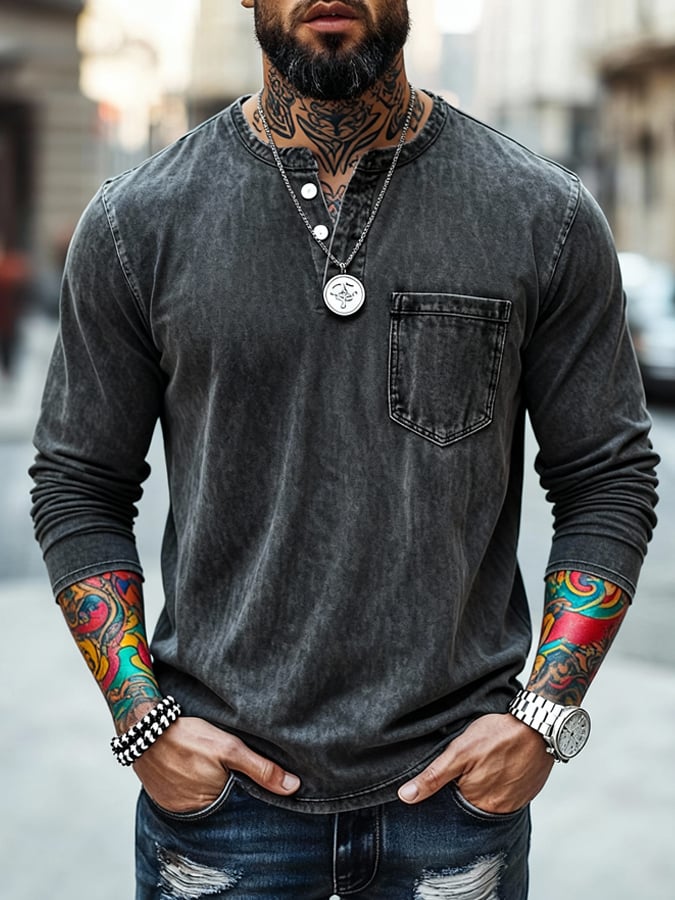 Men's Vintage Washed and Distressed Henley T-Shirt
