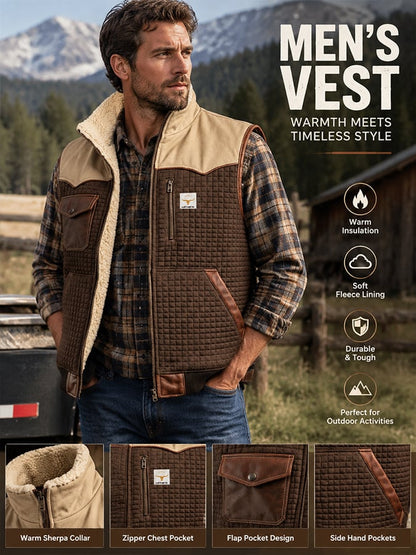 Men's Vintage-Style Textured Jacquard Knit & Leather-Panel Outdoor Warm Hooded Vest