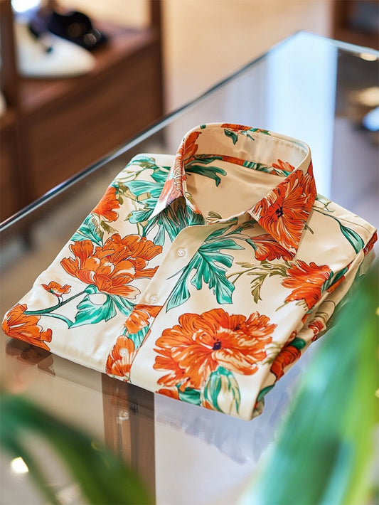 Men's Satin Luxe Hawaiian Print Short Sleeve Button Shirt
