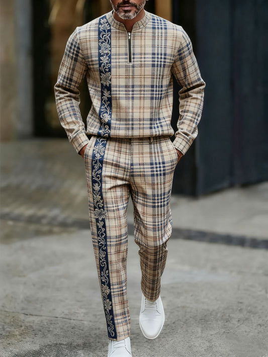 Men's Casual Color Matching Printed Round-Neck Zipper Long Sleeved Trousers Two-Piece Set
