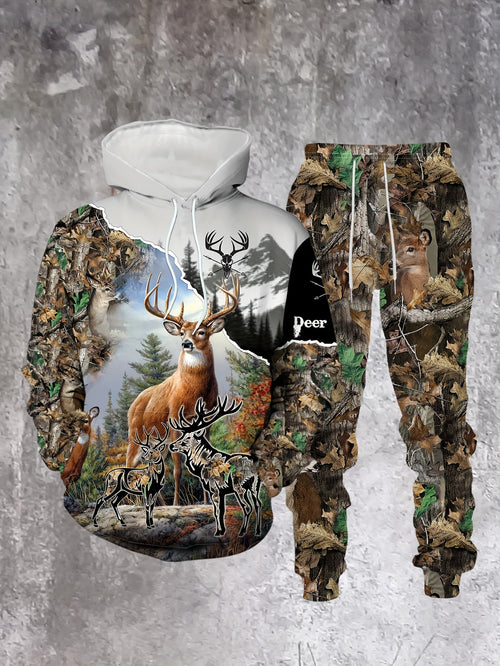 Men's Casual "Sika deer in the mountains" Printed Hoodies Long Sleeved Sweatshirts & Sweatpants Two-Piece Set