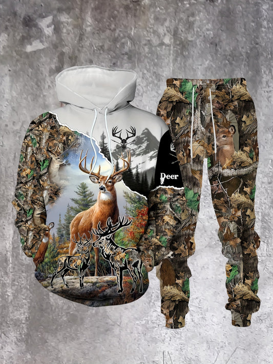 Men's Casual "Sika deer in the mountains" Printed Hoodies Long Sleeved Sweatshirts & Sweatpants Two-Piece Set