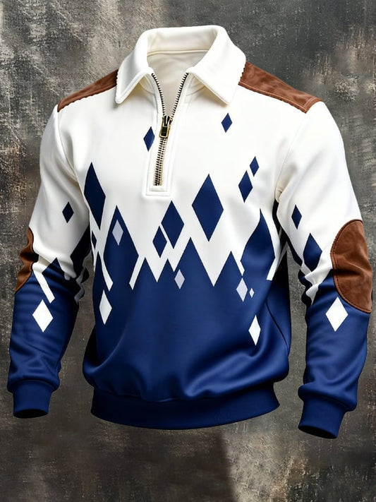 Men's Retro Color Block Print Zipper Sweatshirt
