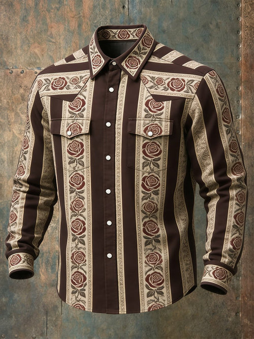 Men's Vintage Striped Rose Western Long-Sleeved Shirt