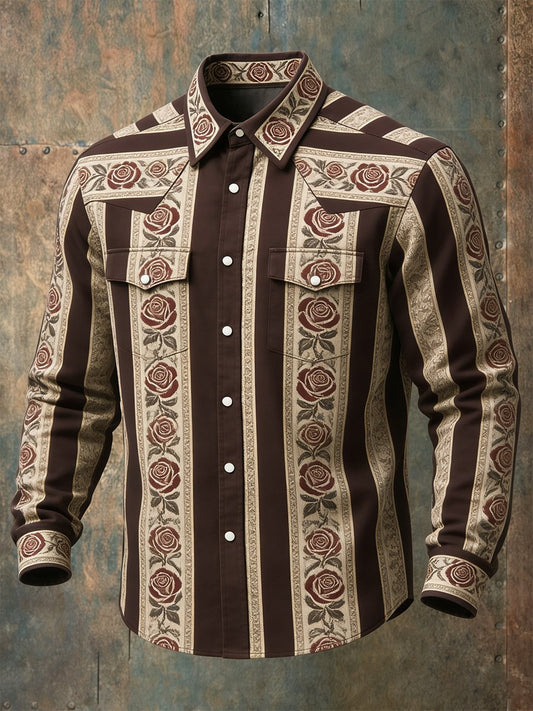 Men's Vintage Striped Rose Western Long-Sleeved Shirt