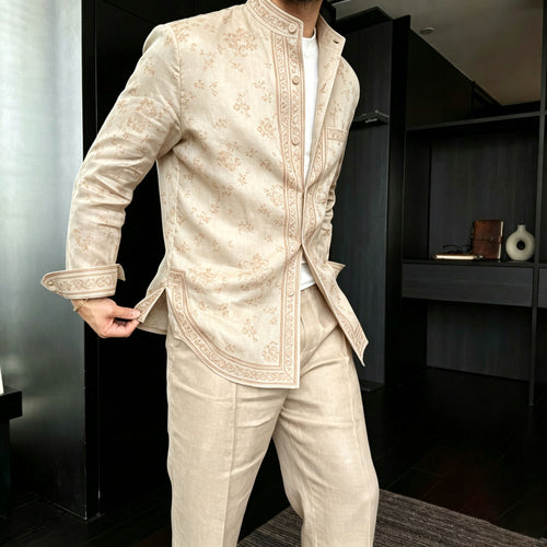 Men's Casual Paisley-Print Stand-Collar Long-Sleeve Shirt and Pants Two-Piece Set