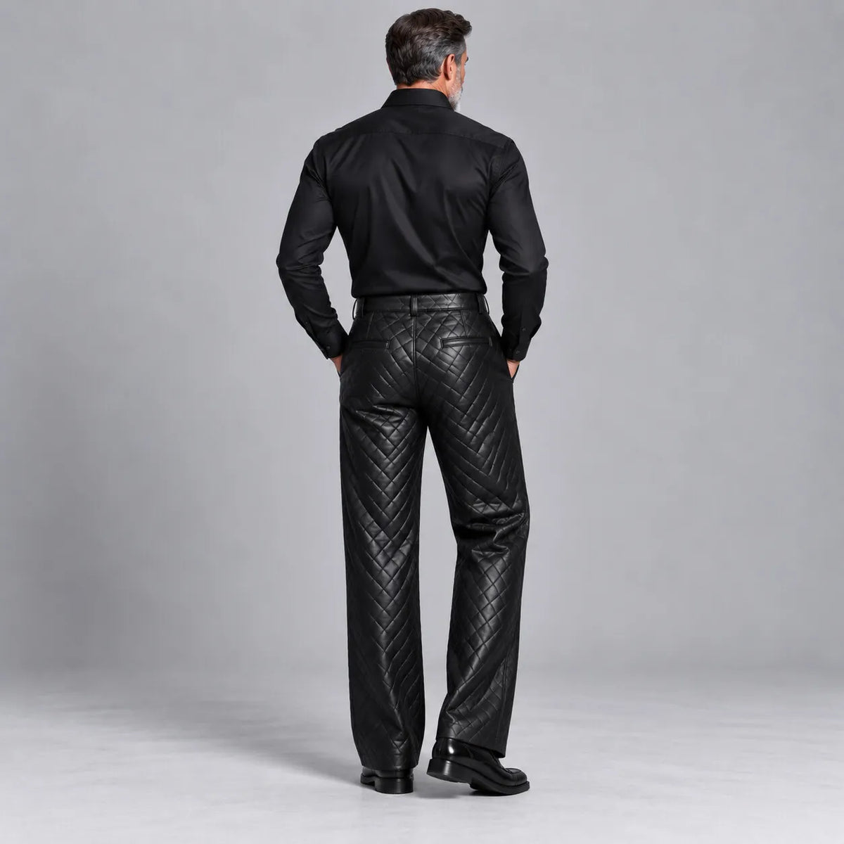 Men's Black PU Leather Quilted Straight Wide Leg Casual Pants