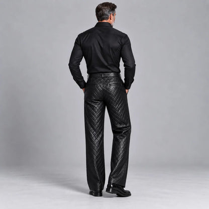 Men's Black PU Leather Quilted Straight Wide Leg Casual Pants
