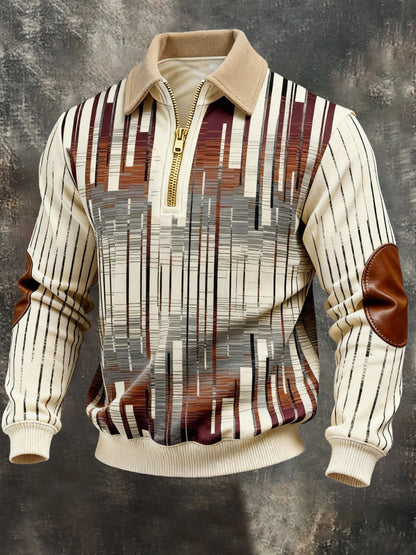 Men's Vintage Color-Block Printed Zip-Up Hoodie