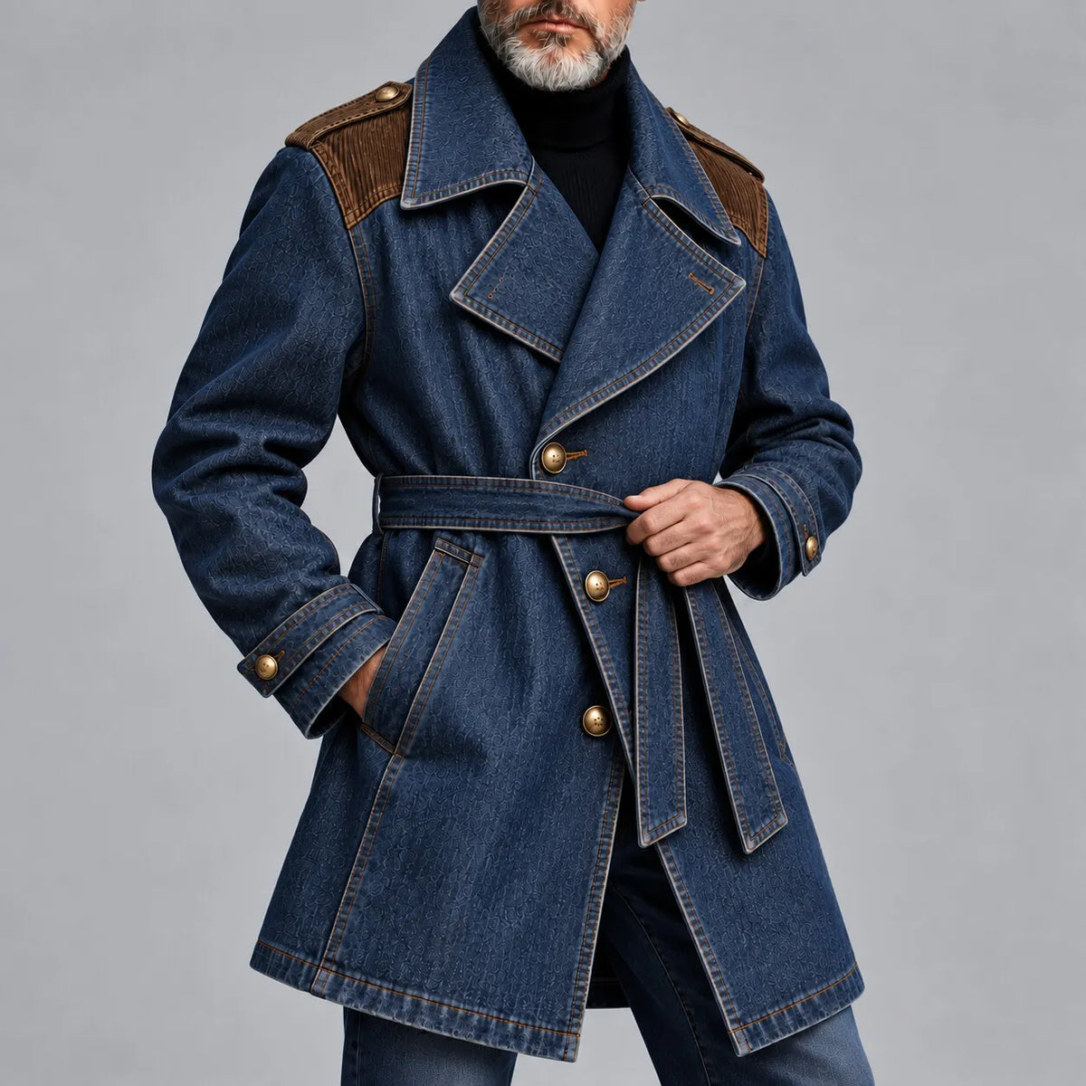 Men's Dark Blue Corduroy Patchwork Lapel Collar Single Breasted Belted Denim Trench Coat