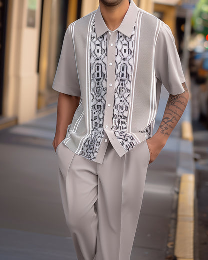 Men's Gradient Color Block Short Sleeve Shirt Walking Suit 1136