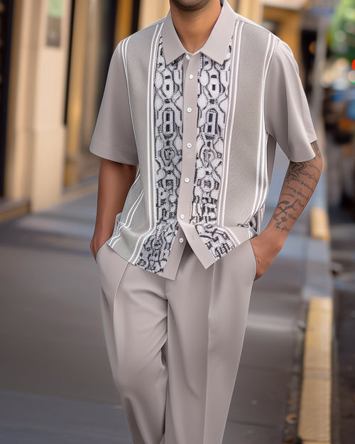 Men's Gradient Color Block Short Sleeve Shirt Walking Suit 1136
