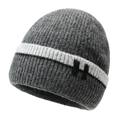 Men's Navy Blue Ribbed Knit Contrast Stripe Fold-Over Brim Fleece Lined Beanie Hat