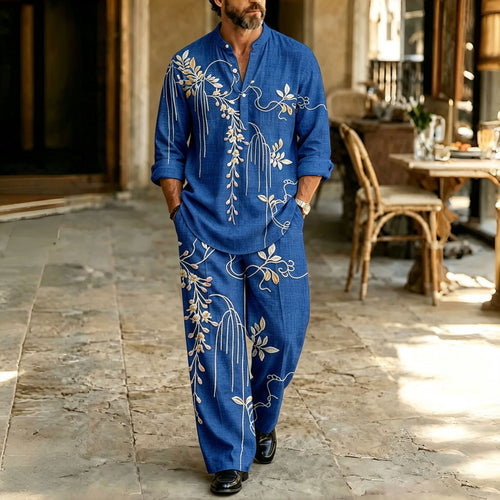 Men's Blue Stand-Collar Polo Shirt and Pants Set
