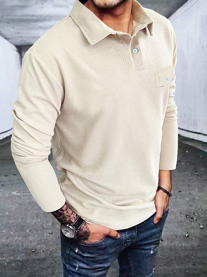 Men's Waffle Casual Solid Color Half Button Polo Shirt