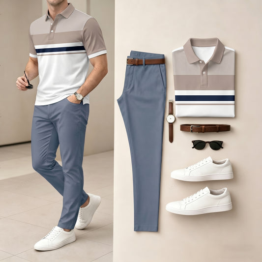 Men's White & Khaki Color Matching Short Sleeved Polo Shirt & Pants Two-Piece Set