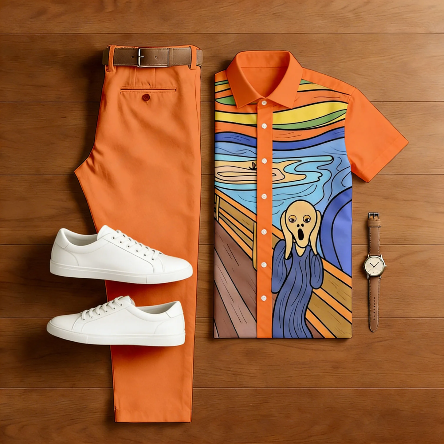 Men's Casual Orange Monk Printed Polo Shirt And Trousers Two-Piece Set
