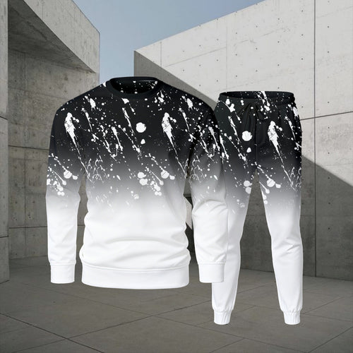 Men's Casual Color Matching Printed Round-Neck Long-Sleeve Sweatshirts Trousers Two-Piece Set
