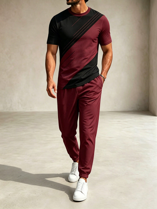 Men's Casual Burgundy & Black Color Matching Geometric Printed Round Neck T-Shirt & Pants Two-Piece Set