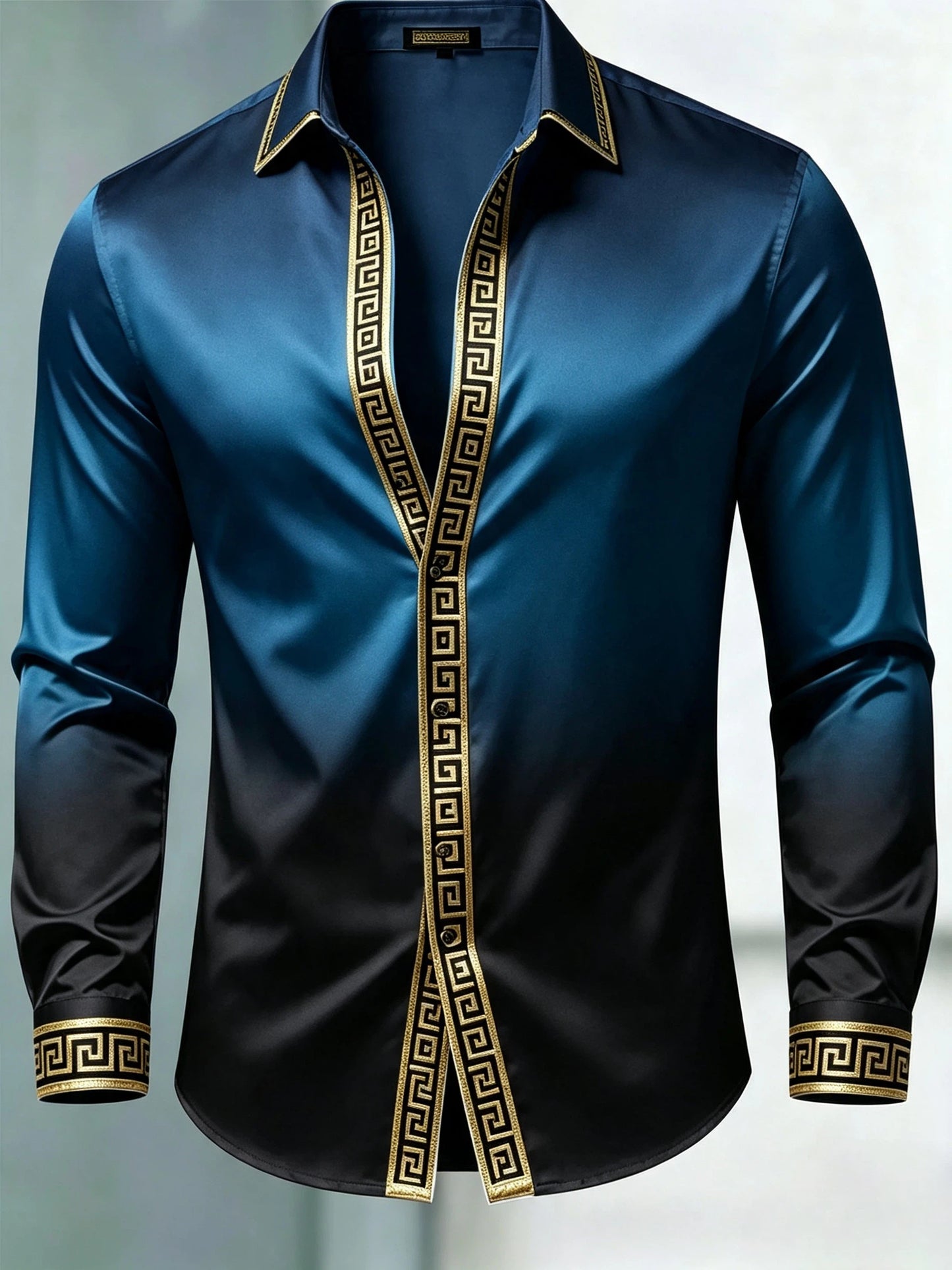 Men's Luxury Glossy Satin Long Sleeve Gradient Teal Black Dress Shirt