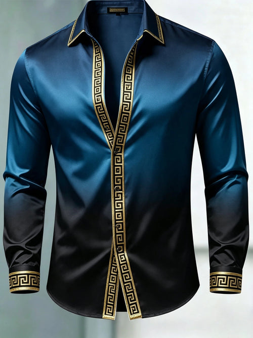 Men's Luxury Glossy Satin Long Sleeve Gradient Teal Black Dress Shirt
