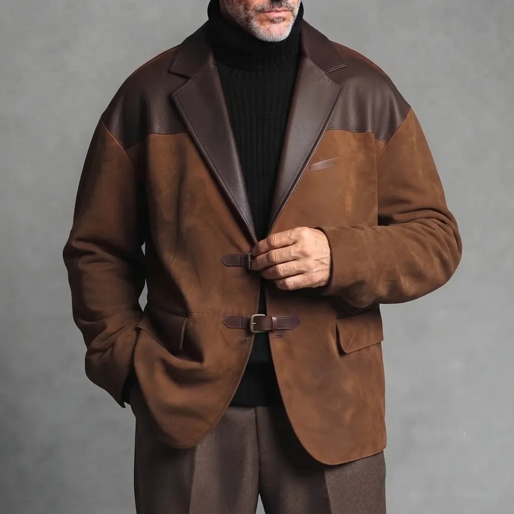 Men's Brown Suede PU Leather Drop Shoulder Notch Lapel Double Buckle Closure Blazer