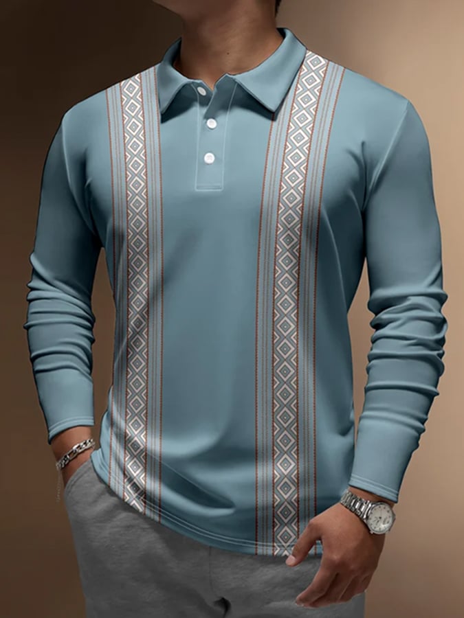 Men's Vintage Geometric Color Block Button Print Casual Polo Shirt