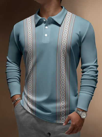 Men's Vintage Geometric Color Block Button Print Casual Polo Shirt