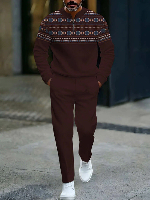 Men's Casual Red Brown Color Matching Christmas Snowflake Pattern Round-Neck Zipper Long Sleeved Sweatshirt & Trousers Two-Piece Set