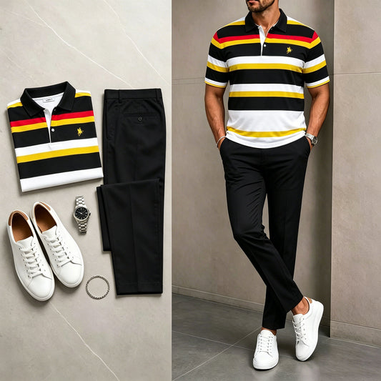 Men's Casual Black & White Stripes Printed Polo Shirt And Pants Two-Piece Set