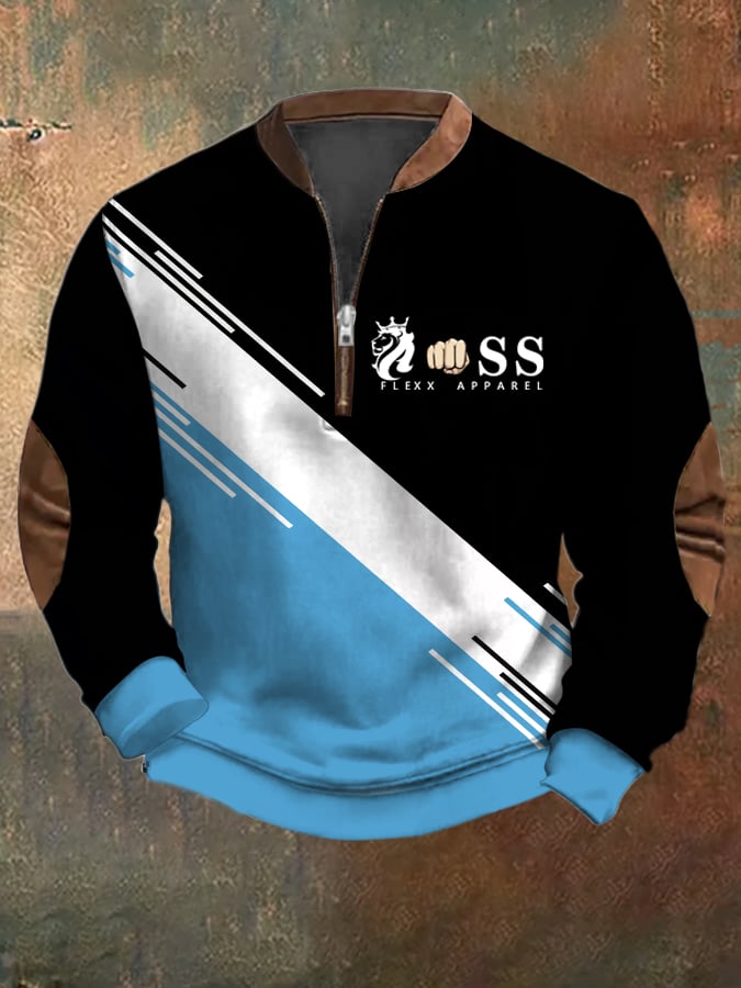 Men's Retro Letter Design Printed Casual Zipper Collar Long-Sleeved Sweatshirt