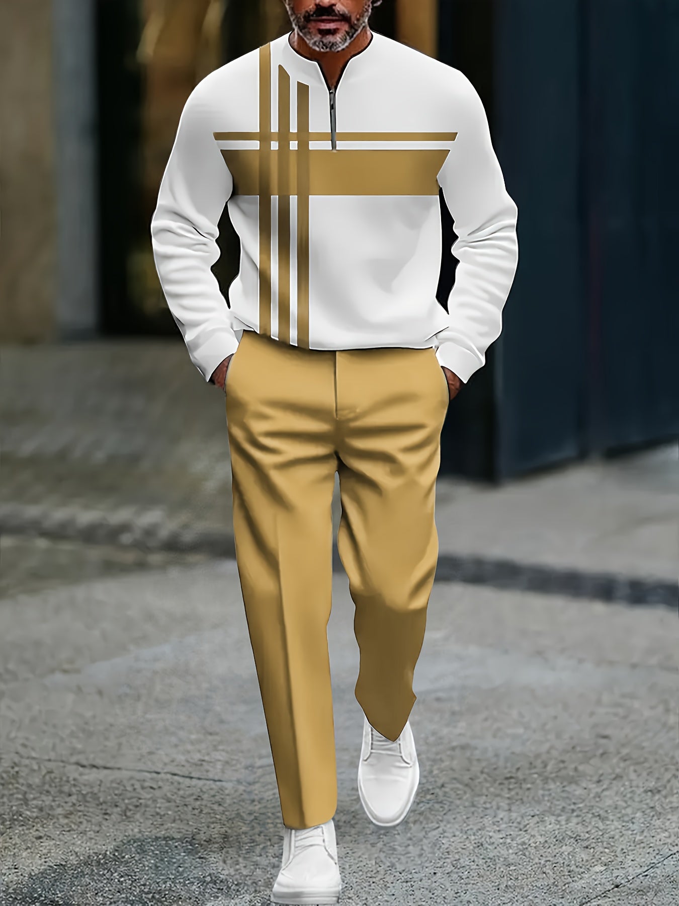 Men's Casual Color Matching Printed Round-Neck Zipper Long Sleeved Trousers Two-Piece Set