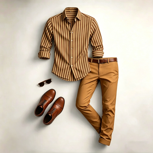 Men's Casual Color Matching Geometric Printed Long Sleeved Shirt & Trousers Two-Piece Set