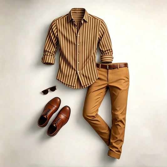 Men's Casual Color Matching Geometric Printed Long Sleeved Shirt & Trousers Two-Piece Set