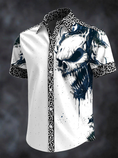 Men's Retro Horror Skull Print Lapel Short Sleeve Shirt