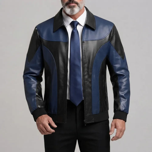 Men's Navy Blue PU Leather Colorblock Turndown Collar Zip-Up Jacket