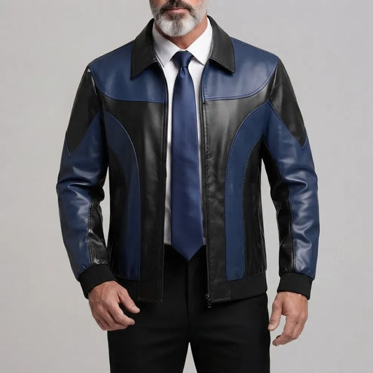 Men's Navy Blue PU Leather Colorblock Turndown Collar Zip-Up Jacket
