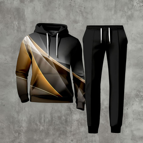 Men's Casual Black Gradient Color Matching Printed Long-Sleeve Hoodies Sweatshirt & Trousers Two-Piece Set