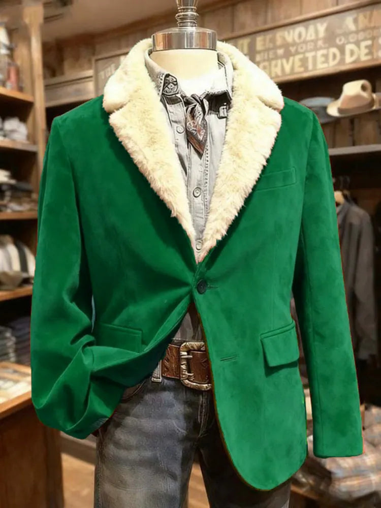 Men's Christmas Solid Color Fur Collar Printed Blazer