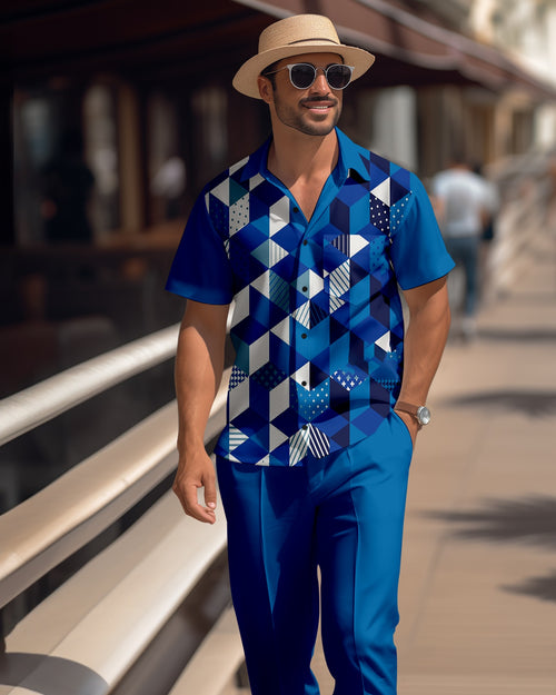 Men's retro colorblock short-sleeved shirt walking Suit 1672