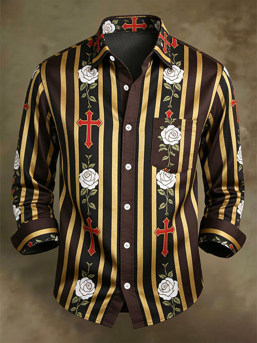 Men's Retro Business Casual Baroque Rose Faith Striped Long-Sleeved Shirt