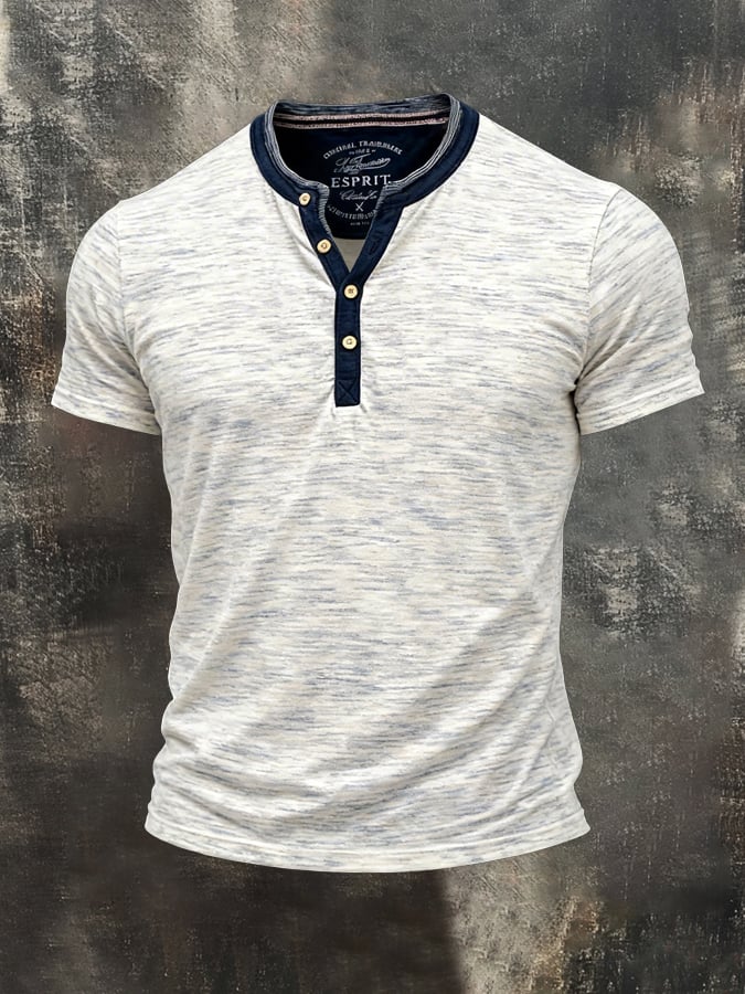 Men's Retro Color Block Double-Layer Henley Collar Short-Sleeve Top