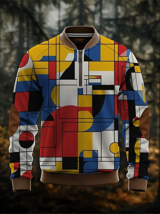 Men's Retro Mondrian Color Block Print Zip Collar Sweatshirt