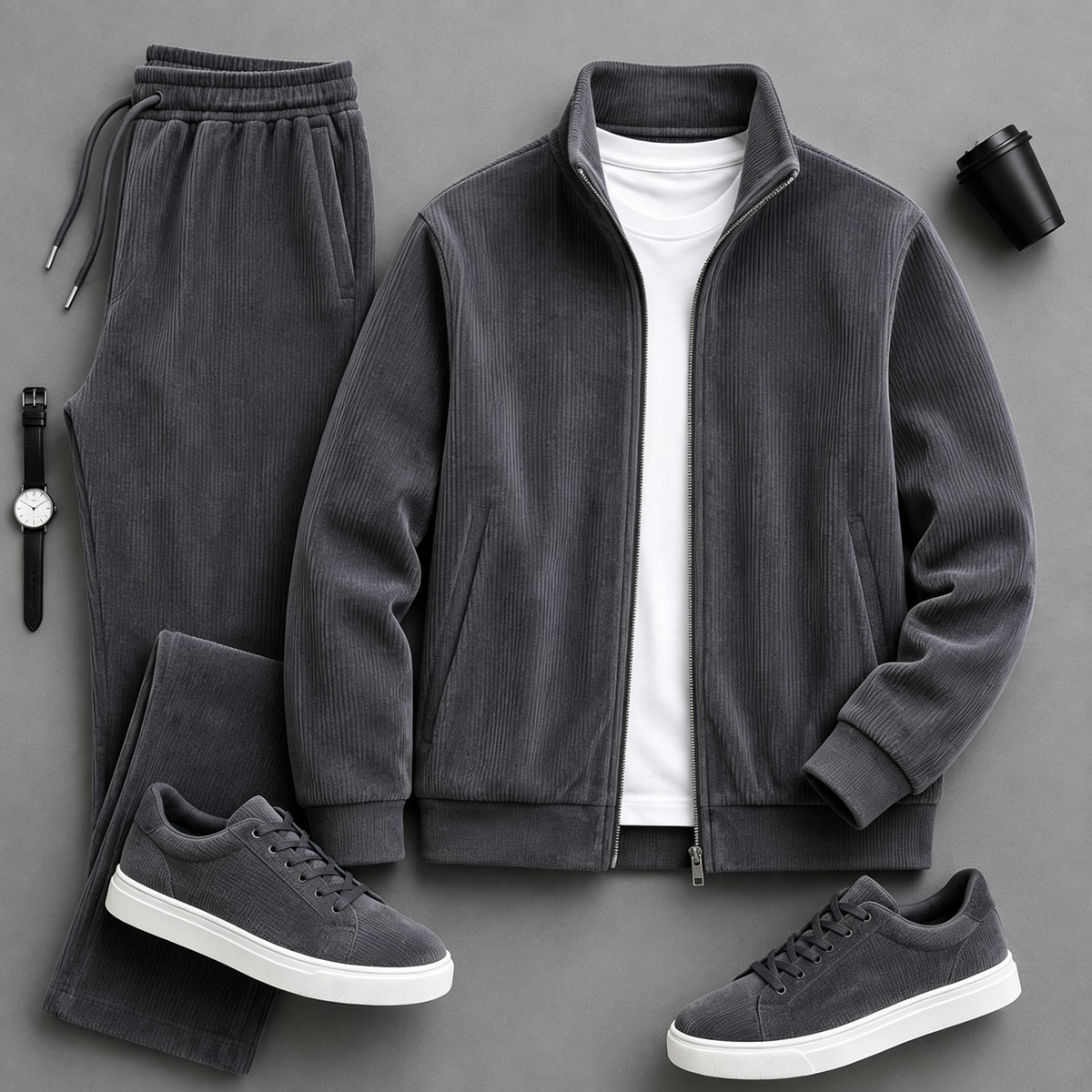 Men's Solid-Color Zipper Hoodie and Pants Set